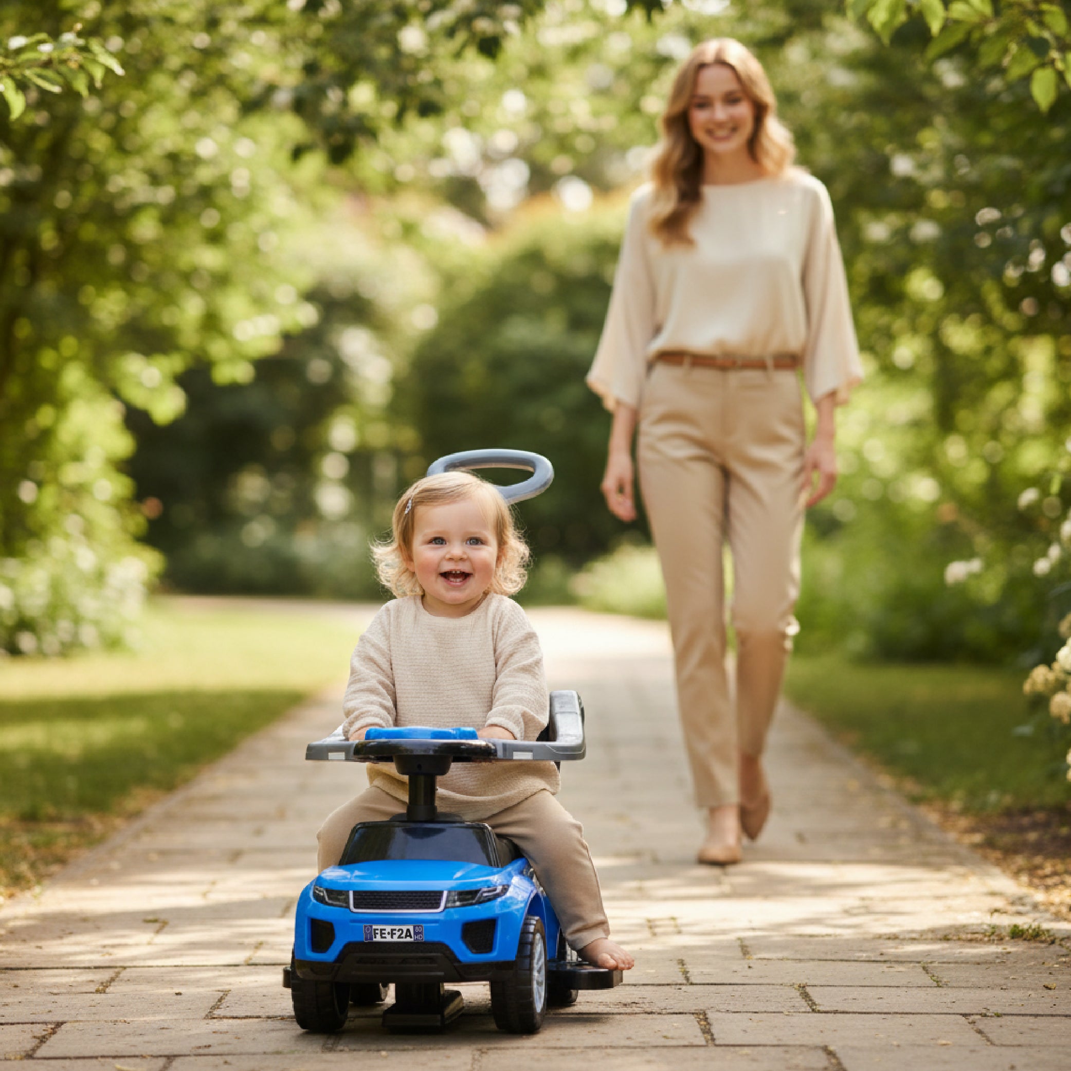 Ride-on pusher baby walker with handle and clamp Sport car blue