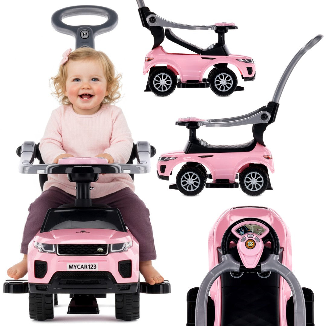 Jeździk pchacz chodzik dla dziecka z rączką i obejmą Sport car jasny różowy