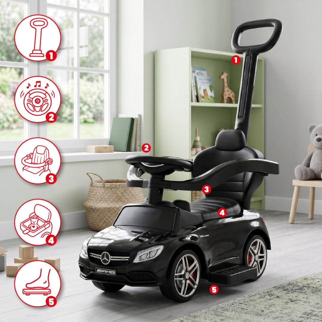 Mercedes C-Class baby walker with pusher and footrest, black, Sun Baby