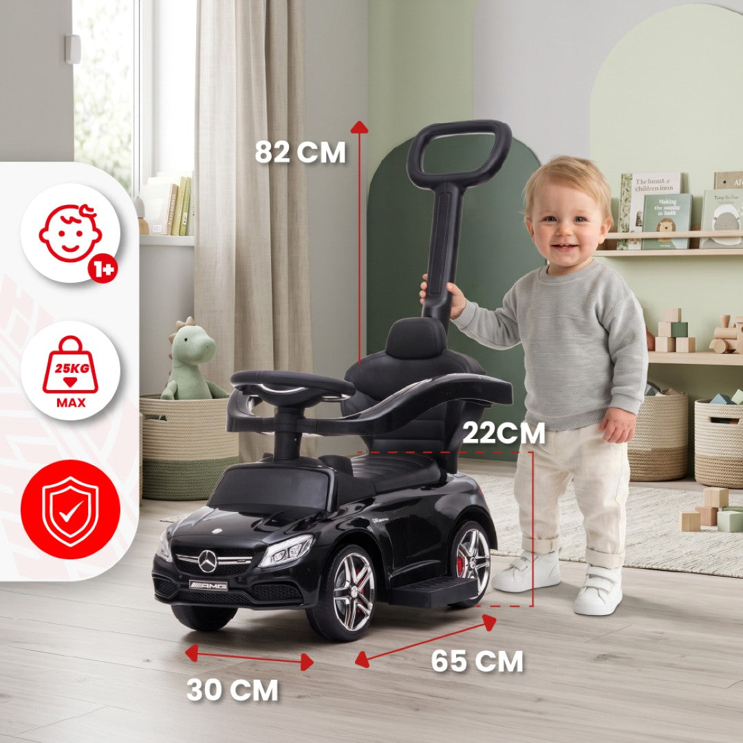 Mercedes C-Class baby walker with pusher and footrest, black, Sun Baby