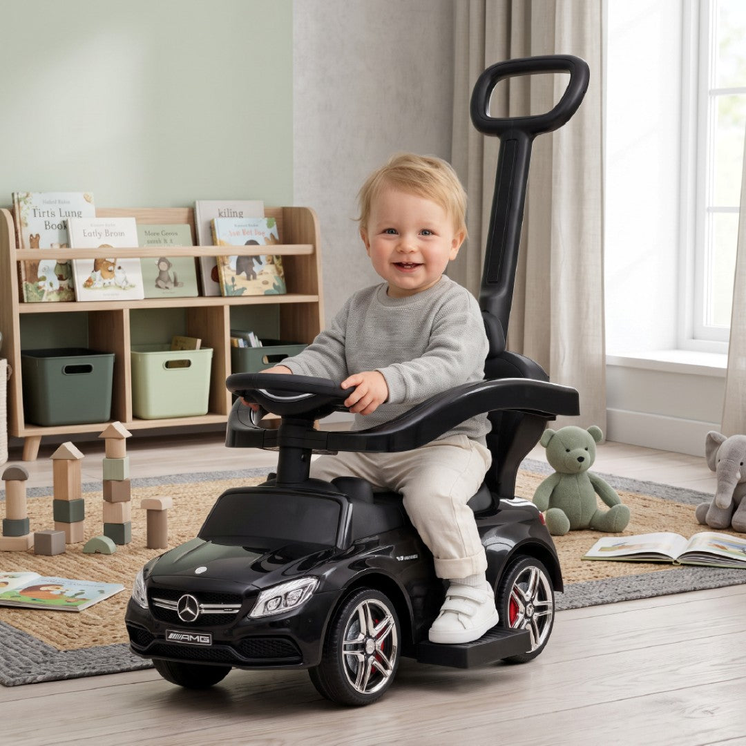 Mercedes C-Class baby walker with pusher and footrest, black, Sun Baby