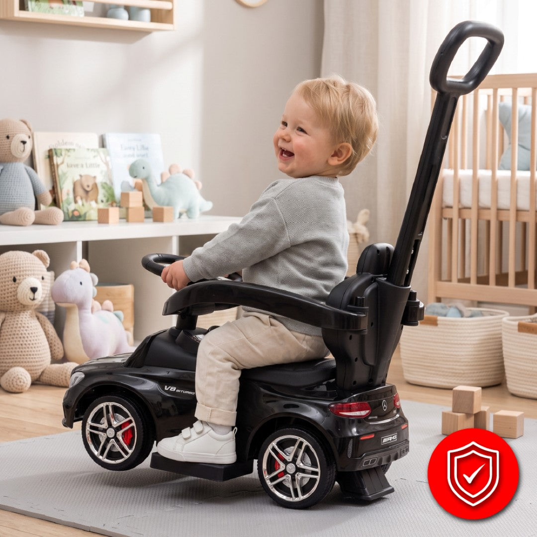 Mercedes C-Class baby walker with pusher and footrest, black, Sun Baby