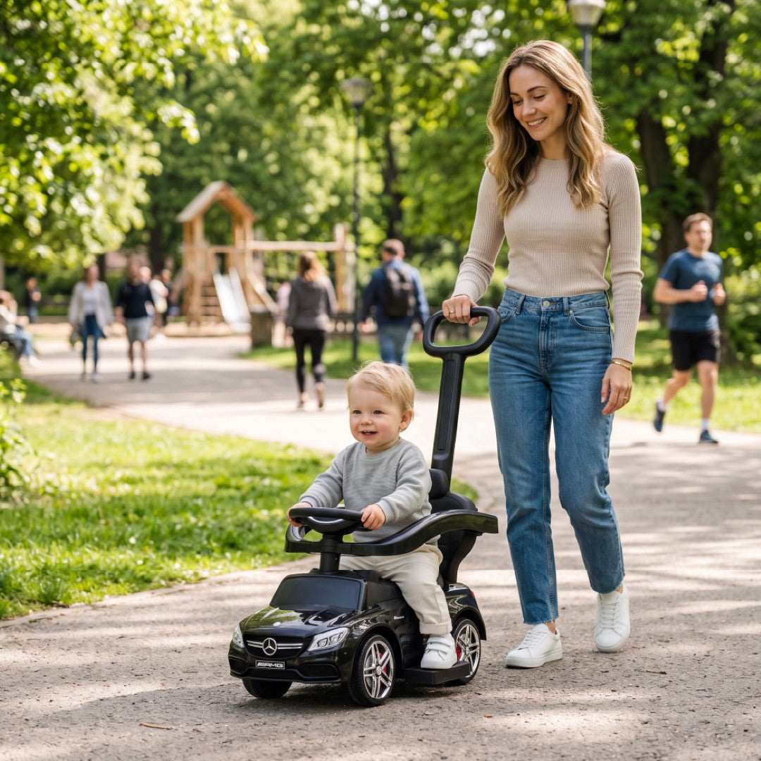 Mercedes C-Class baby walker with pusher and footrest, black, Sun Baby