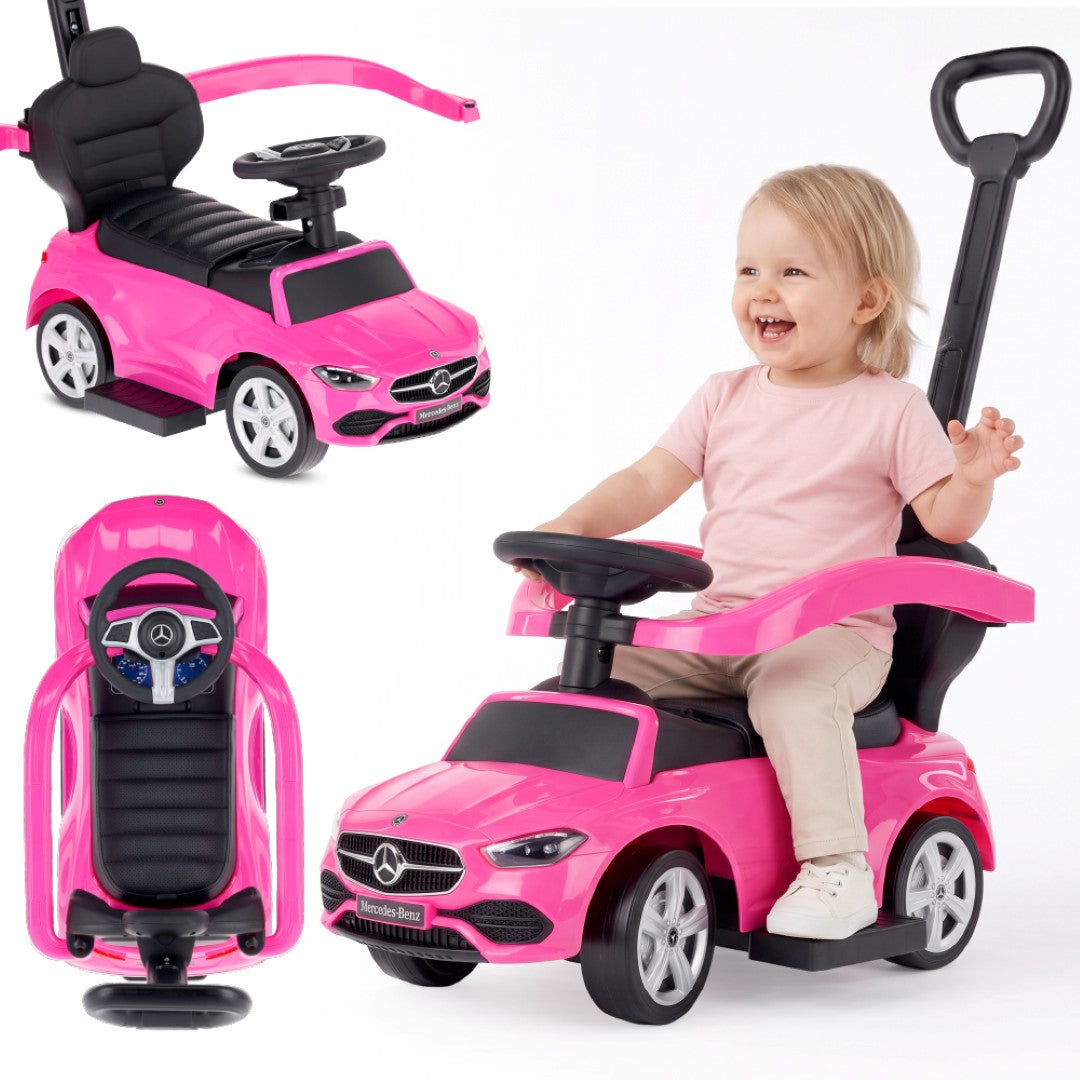 Jeździk pchacz chodzik dla dziecka Mercedes C-Class z popychaczem i podnóżkiem różowy Sun Baby
