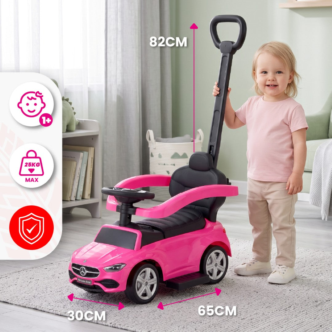 Jeździk pchacz chodzik dla dziecka Mercedes C-Class z popychaczem i podnóżkiem różowy Sun Baby