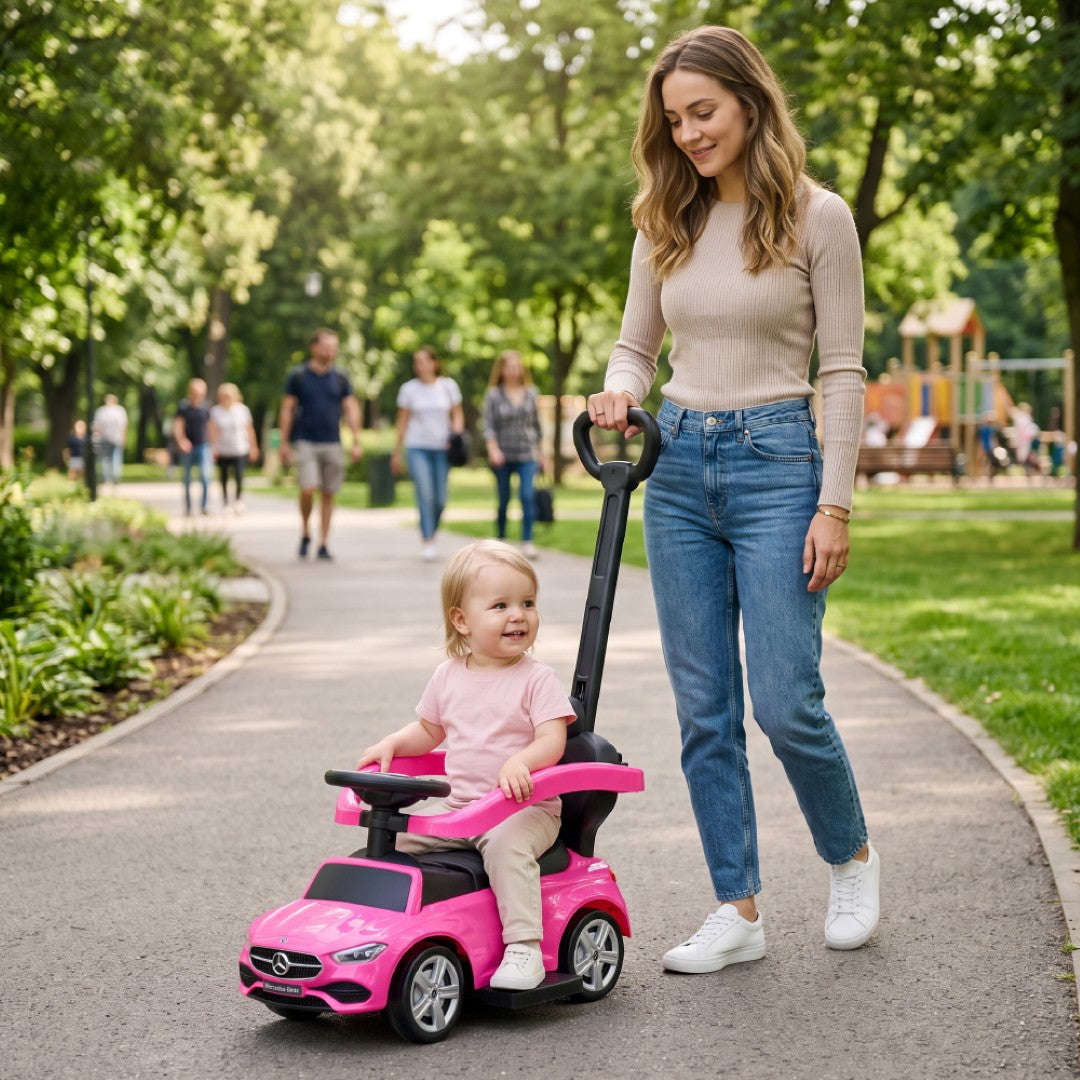 Jeździk pchacz chodzik dla dziecka Mercedes C-Class z popychaczem i podnóżkiem różowy Sun Baby