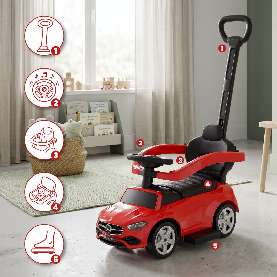 Jeździk pchacz chodzik dla dziecka Mercedes C-Class z popychaczem i podnóżkiem czerwony Sun Baby