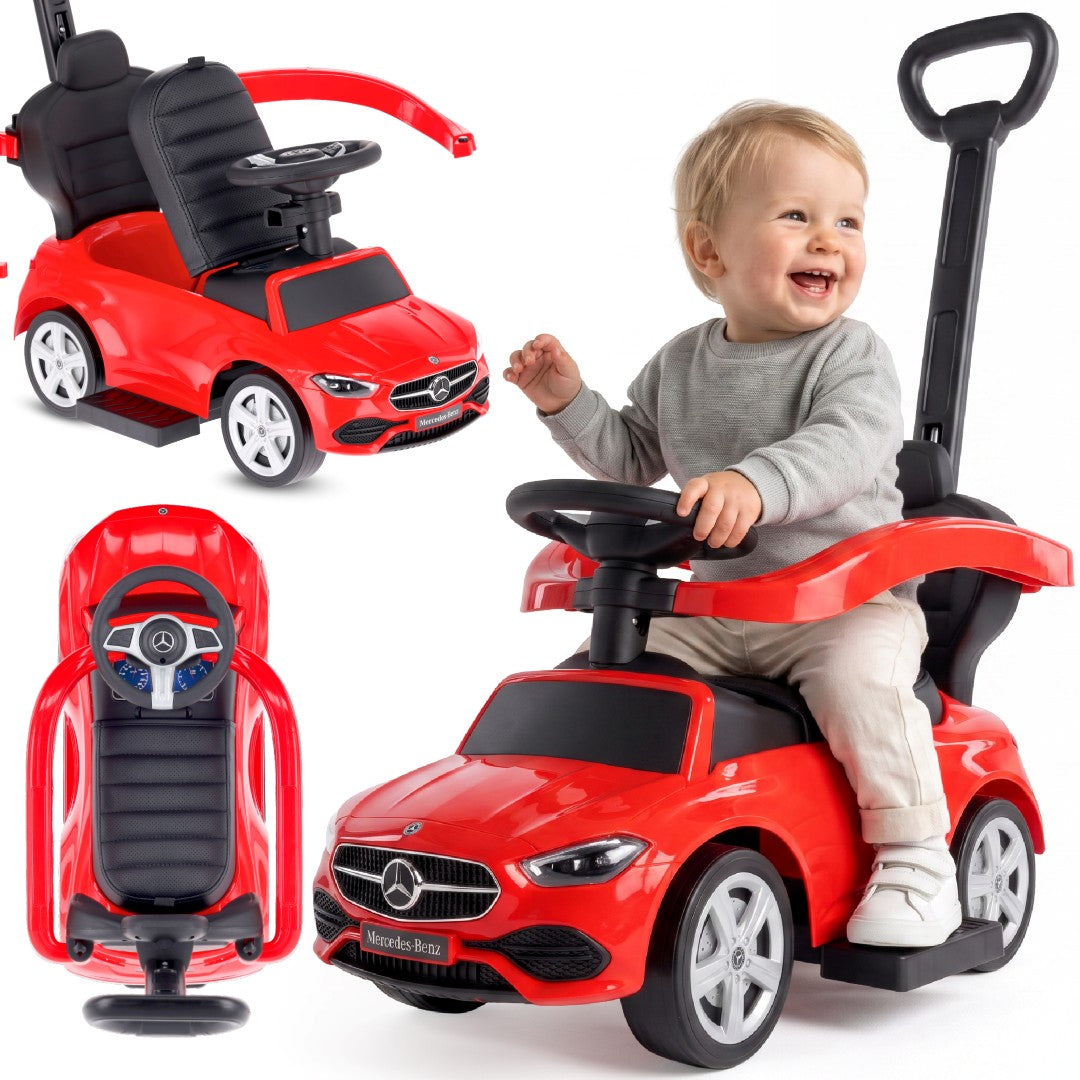 Jeździk pchacz chodzik dla dziecka Mercedes C-Class z popychaczem i podnóżkiem czerwony Sun Baby