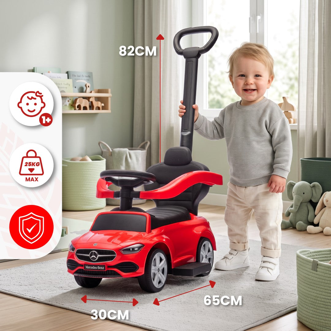 Jeździk pchacz chodzik dla dziecka Mercedes C-Class z popychaczem i podnóżkiem czerwony Sun Baby