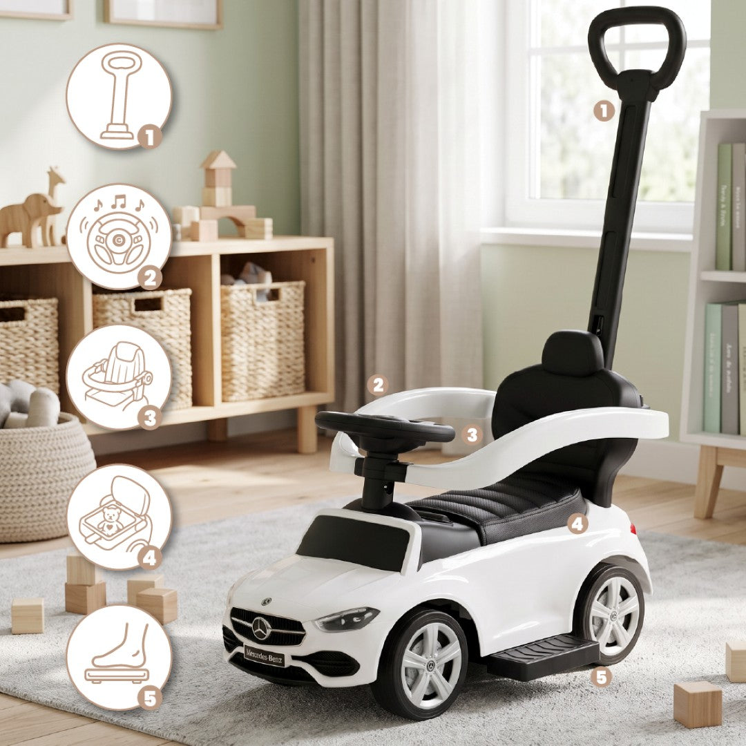 Jeździk pchacz chodzik dla dziecka Mercedes C-Class z popychaczem i podnóżkiem biały Sun Baby