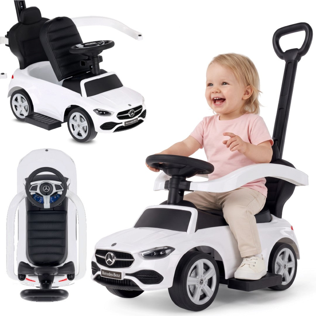 Jeździk pchacz chodzik dla dziecka Mercedes C-Class z popychaczem i podnóżkiem biały Sun Baby