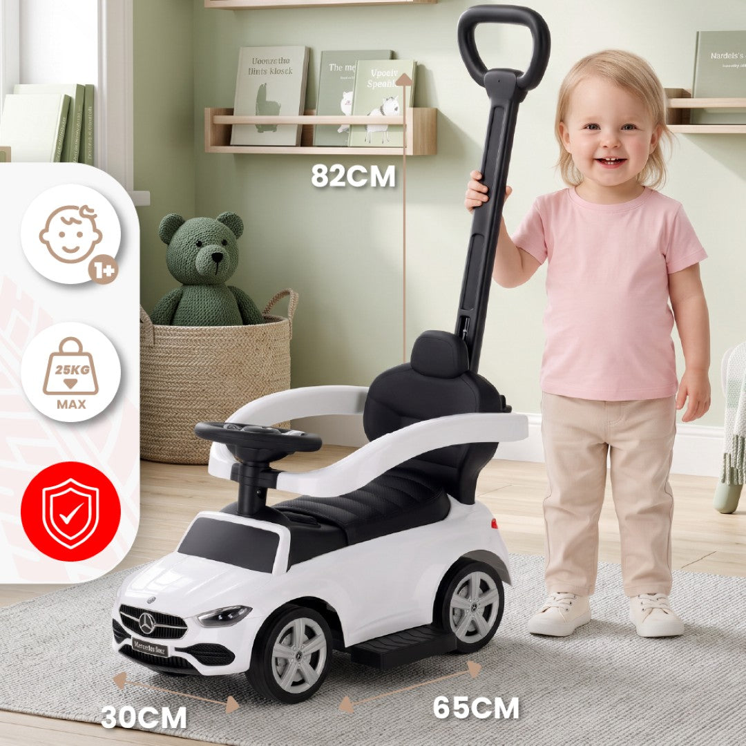 Jeździk pchacz chodzik dla dziecka Mercedes C-Class z popychaczem i podnóżkiem biały Sun Baby