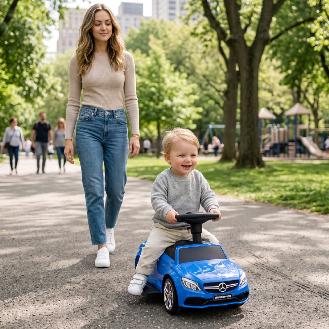 Jeździk pchacz chodzik dla dziecka Mercedes C-Class z popychaczem i podnóżkiem niebieski Sun Baby