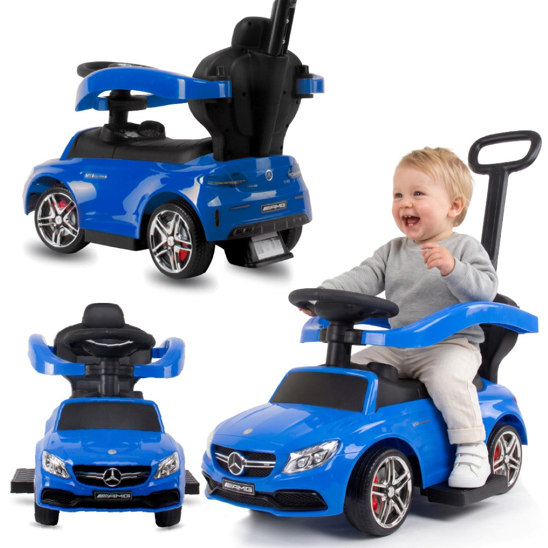 Jeździk pchacz chodzik dla dziecka Mercedes C-Class z popychaczem i podnóżkiem niebieski Sun Baby