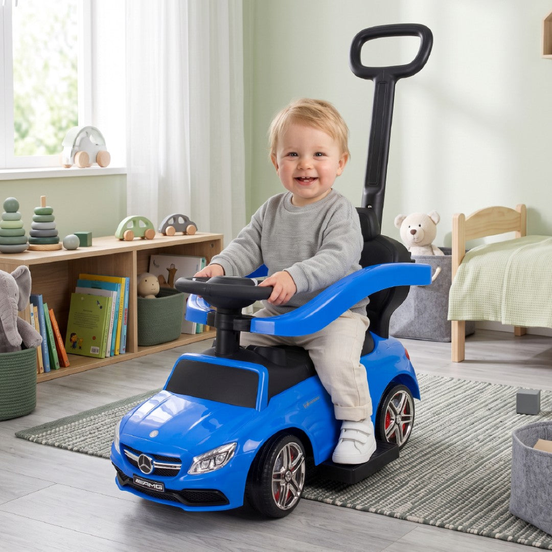 Jeździk pchacz chodzik dla dziecka Mercedes C-Class z popychaczem i podnóżkiem niebieski Sun Baby
