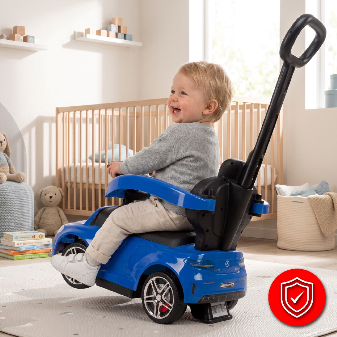 Jeździk pchacz chodzik dla dziecka Mercedes C-Class z popychaczem i podnóżkiem niebieski Sun Baby