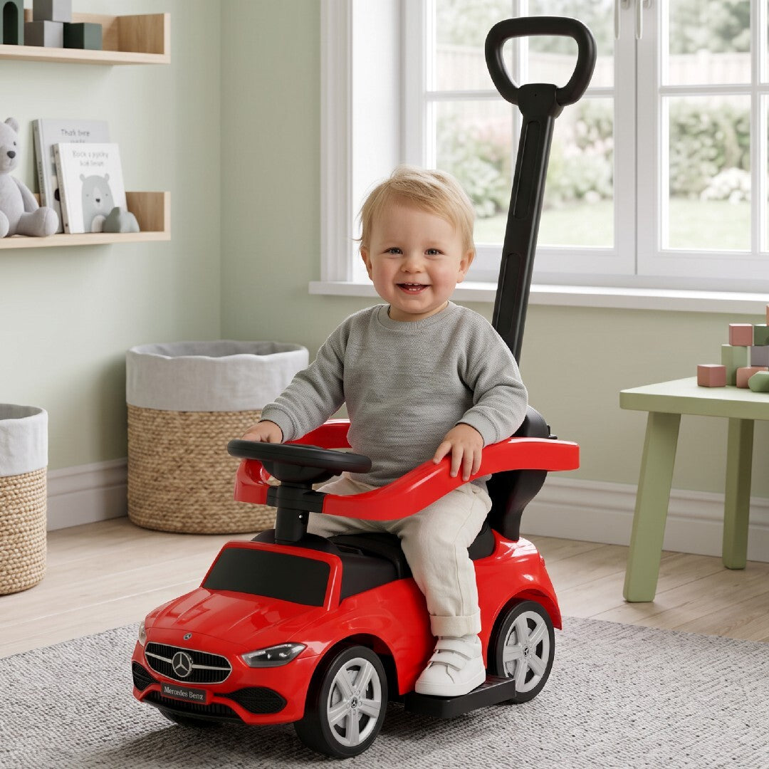 Sun Baby jeździk Mercedes C-Class z popychaczem, barierką i podnóżkami, koła PU, siedzisko ze skóry PU, czerwony