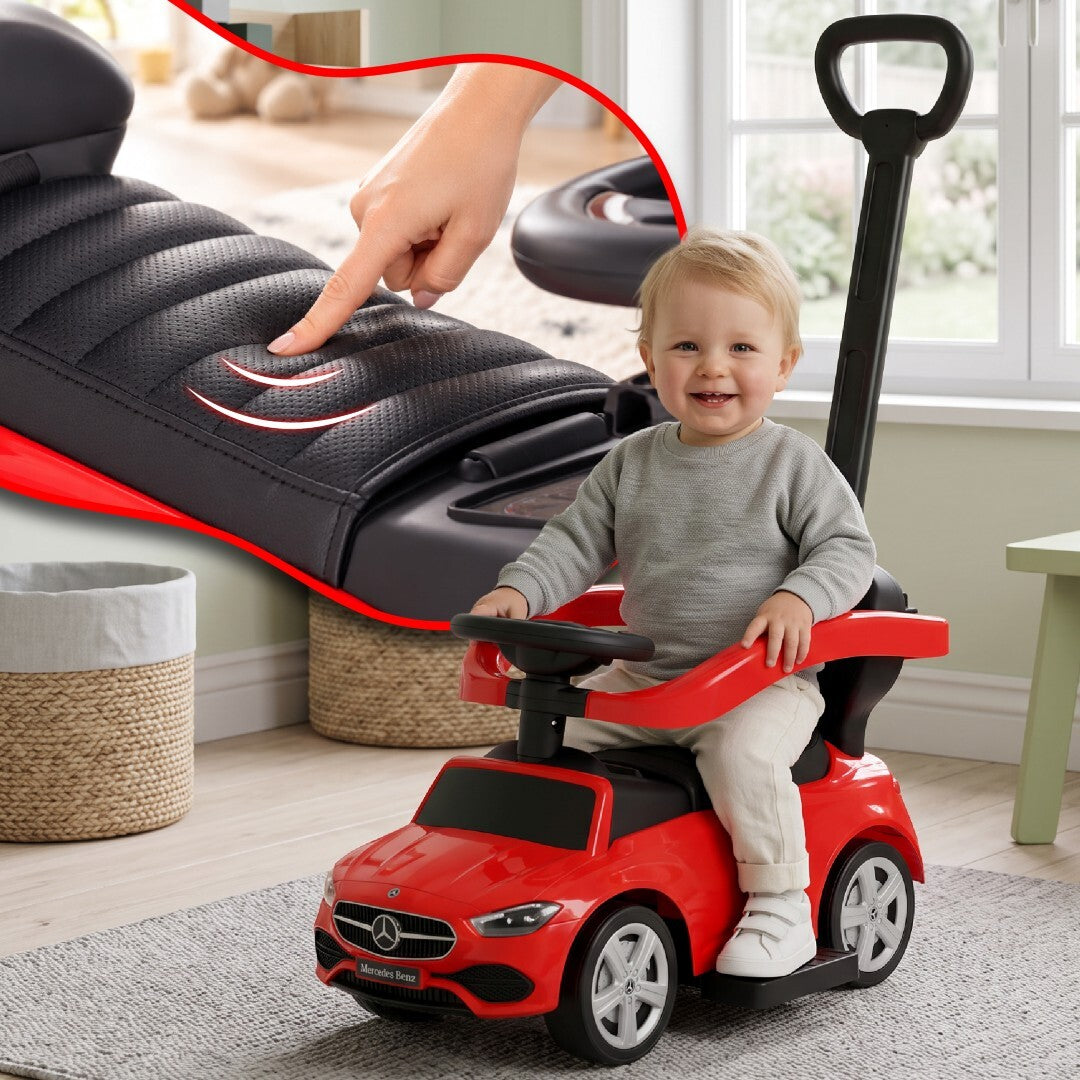 Sun Baby jeździk Mercedes C-Class z popychaczem, barierką i podnóżkami, koła PU, siedzisko ze skóry PU, czerwony