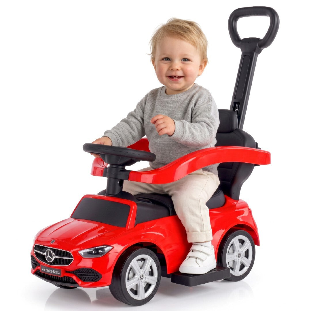 Sun Baby jeździk Mercedes C-Class z popychaczem, barierką i podnóżkami, koła PU, siedzisko ze skóry PU, czerwony