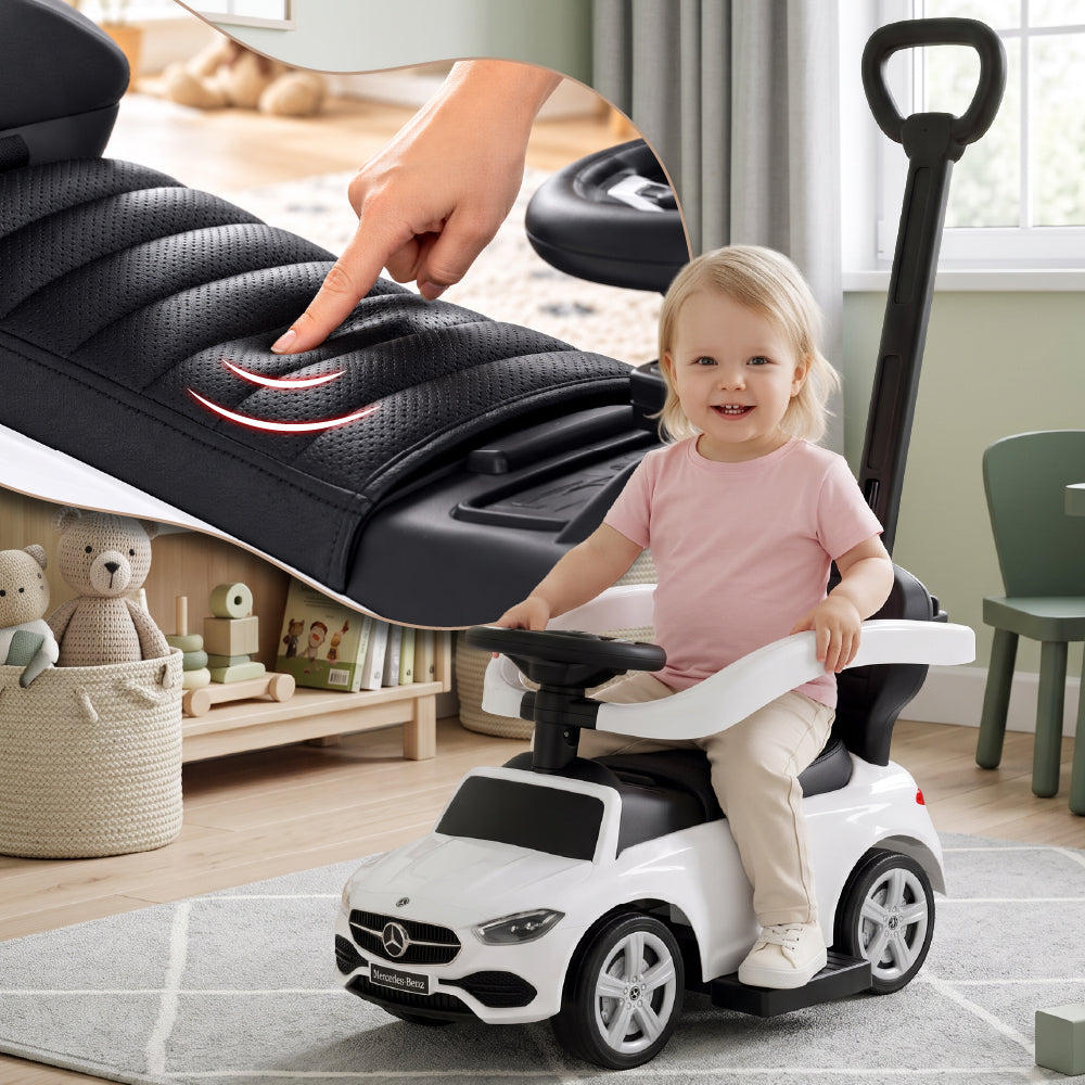 Sun Baby jeździk Mercedes C-Class z popychaczem, barierką i podnóżkami, koła PU, siedzisko ze skóry PU, biały