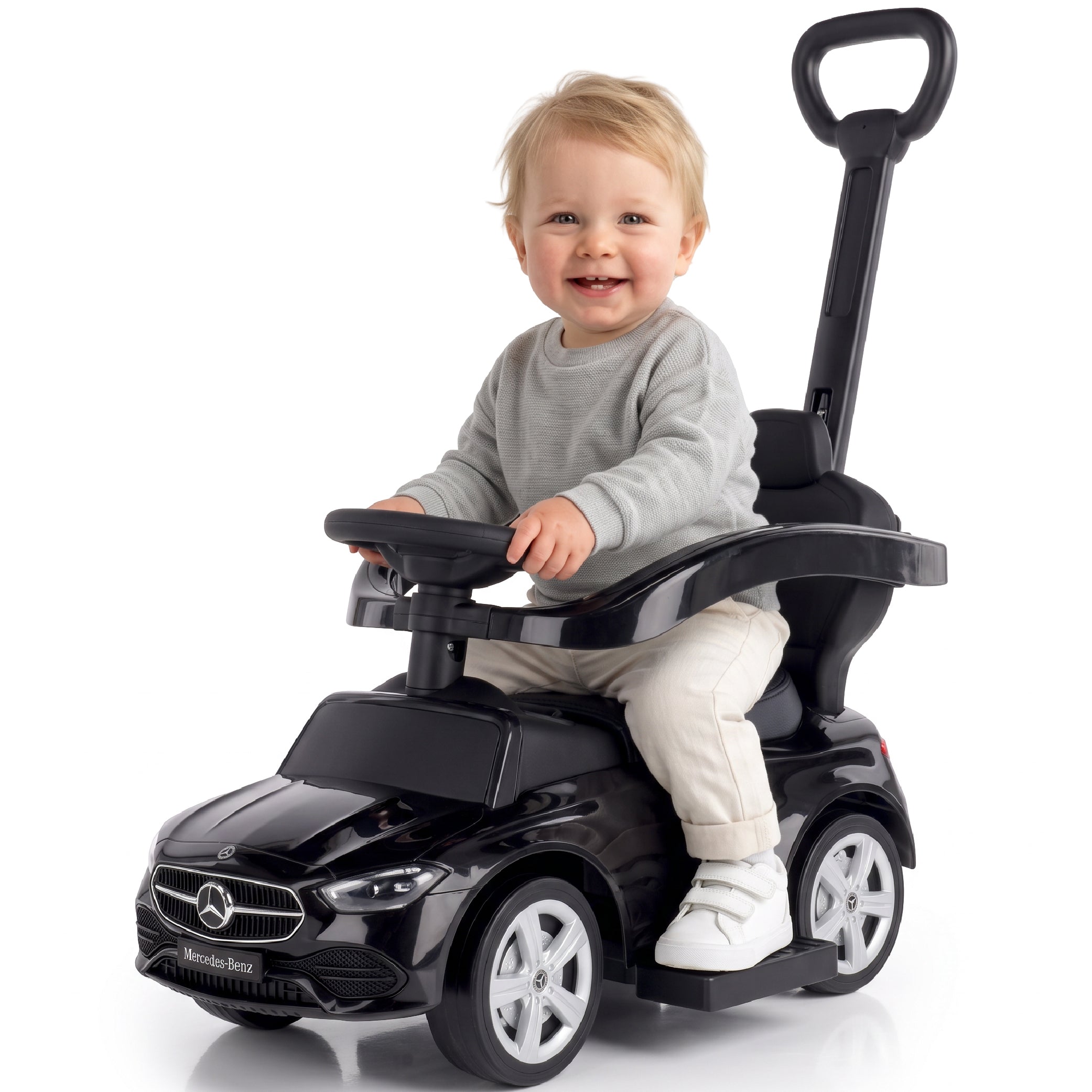 Sun Baby jeździk Mercedes C-Class z popychaczem, podnóżkiem i barierką, siedzisko ze skóry PU, czarny