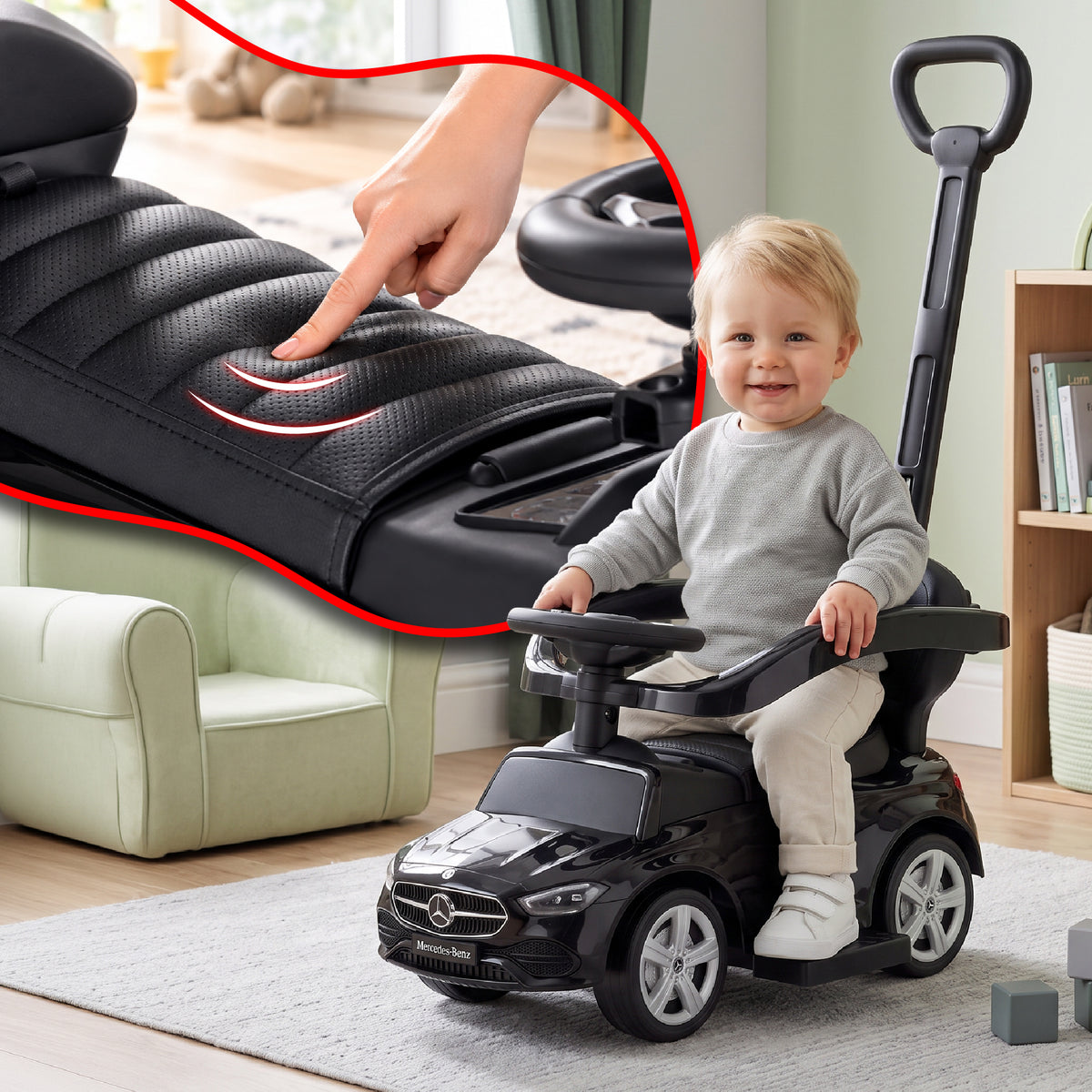 Sun Baby jeździk Mercedes C-Class z popychaczem, podnóżkiem i barierką, siedzisko ze skóry PU, czarny