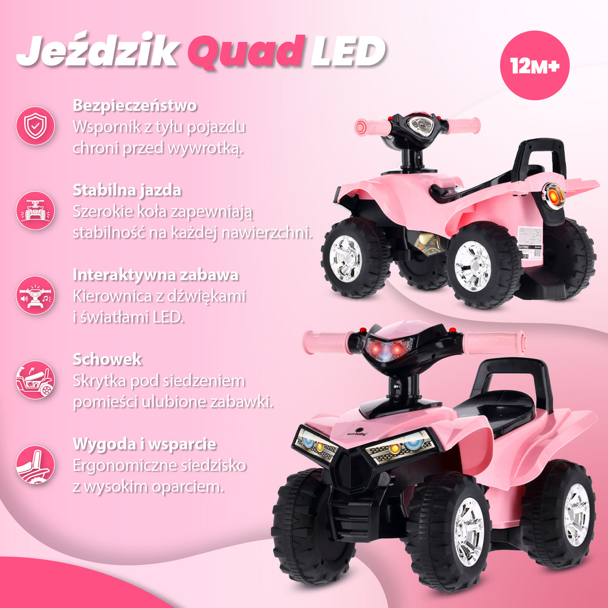 Jeździk dla dziecka na roczek Quad LED Schowek Duże koła jasny różowy