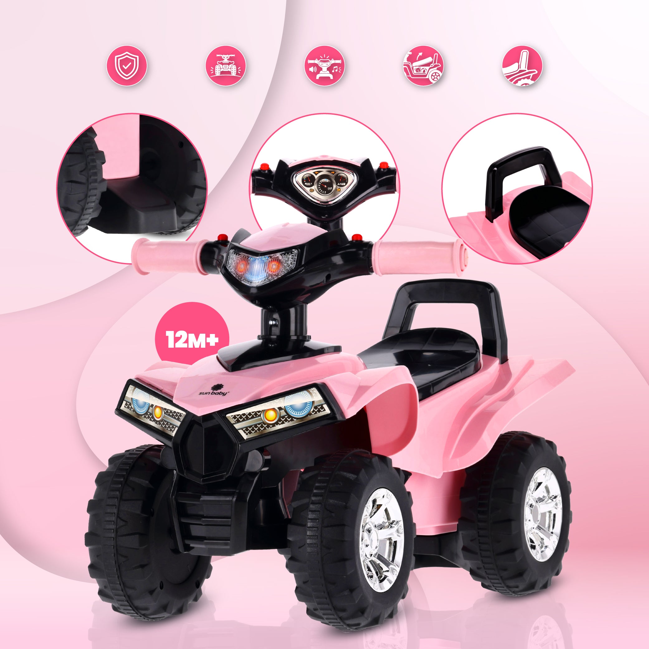 Jeździk dla dziecka na roczek Quad LED Schowek Duże koła jasny różowy