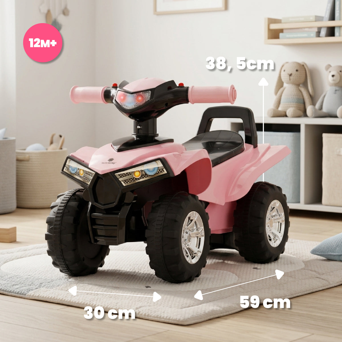 Jeździk dla dziecka na roczek Quad LED Schowek Duże koła jasny różowy