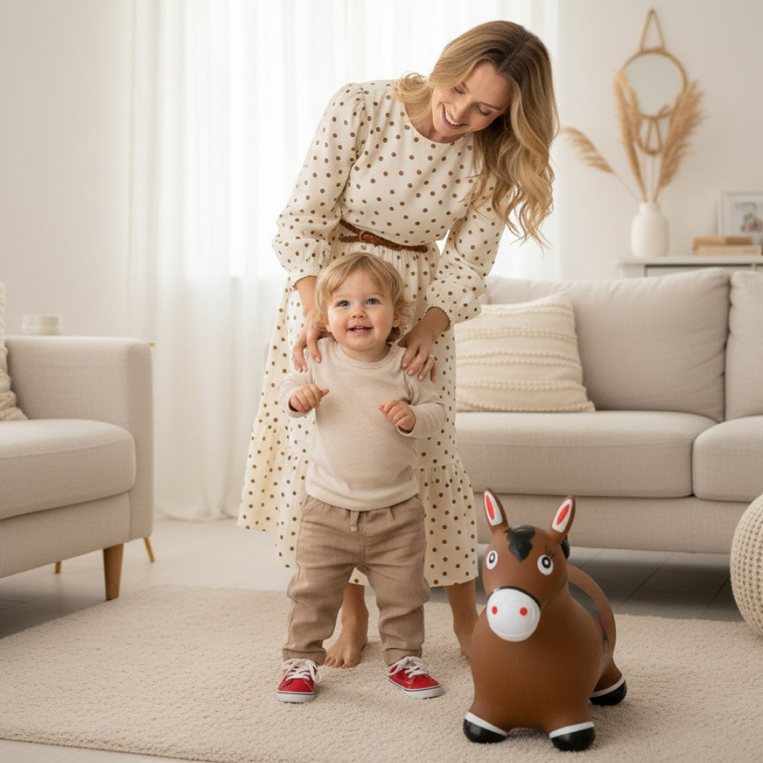 Skoczek dla dzieci do skakania z pompką Konik brązowy