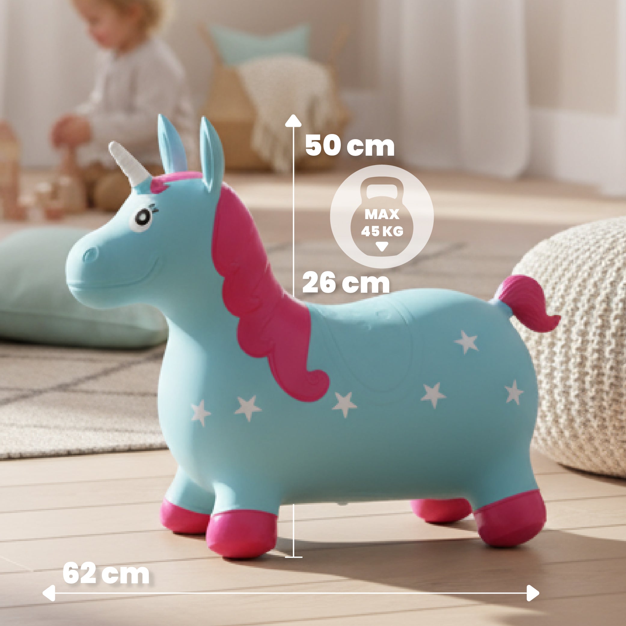 Skoczek dla dzieci do skakania z pompką Jednorożec niebiesko różowy