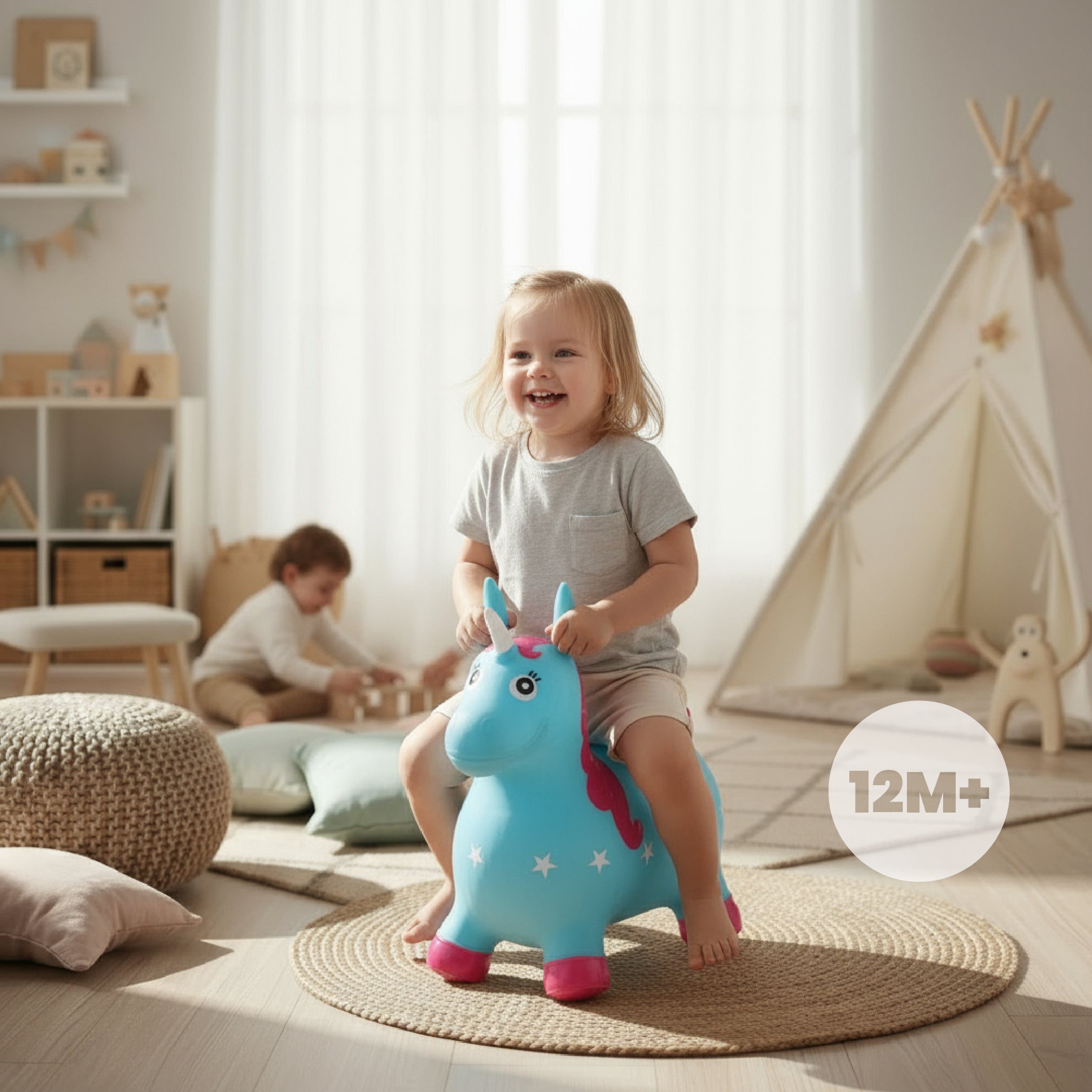 Skoczek dla dzieci do skakania z pompką Jednorożec niebiesko różowy