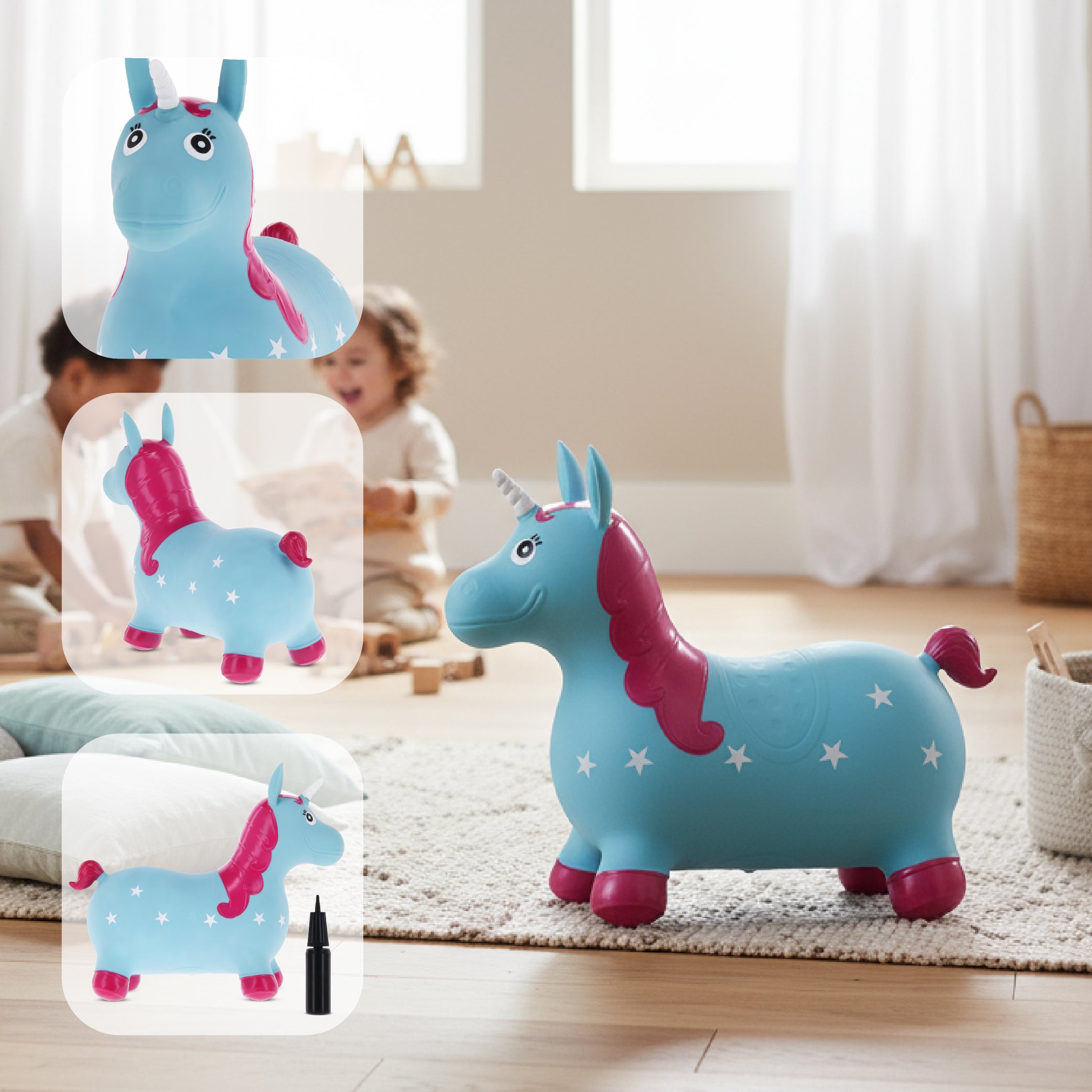 Skoczek dla dzieci do skakania z pompką Jednorożec niebiesko różowy