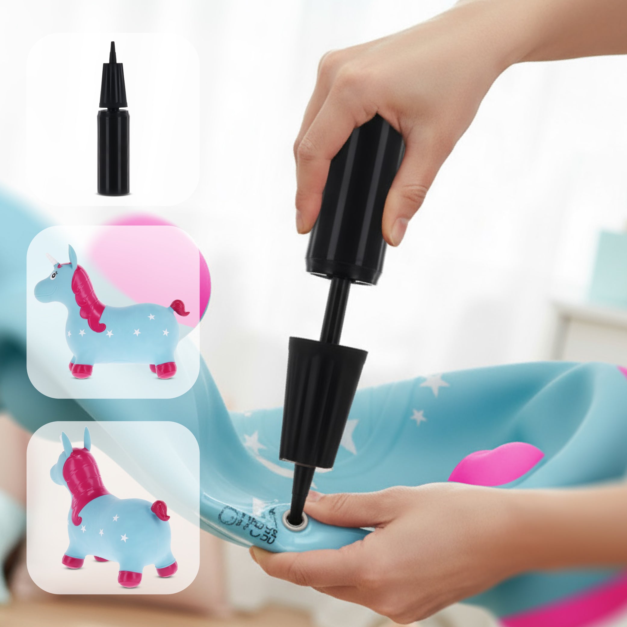 Skoczek dla dzieci do skakania z pompką Jednorożec niebiesko różowy