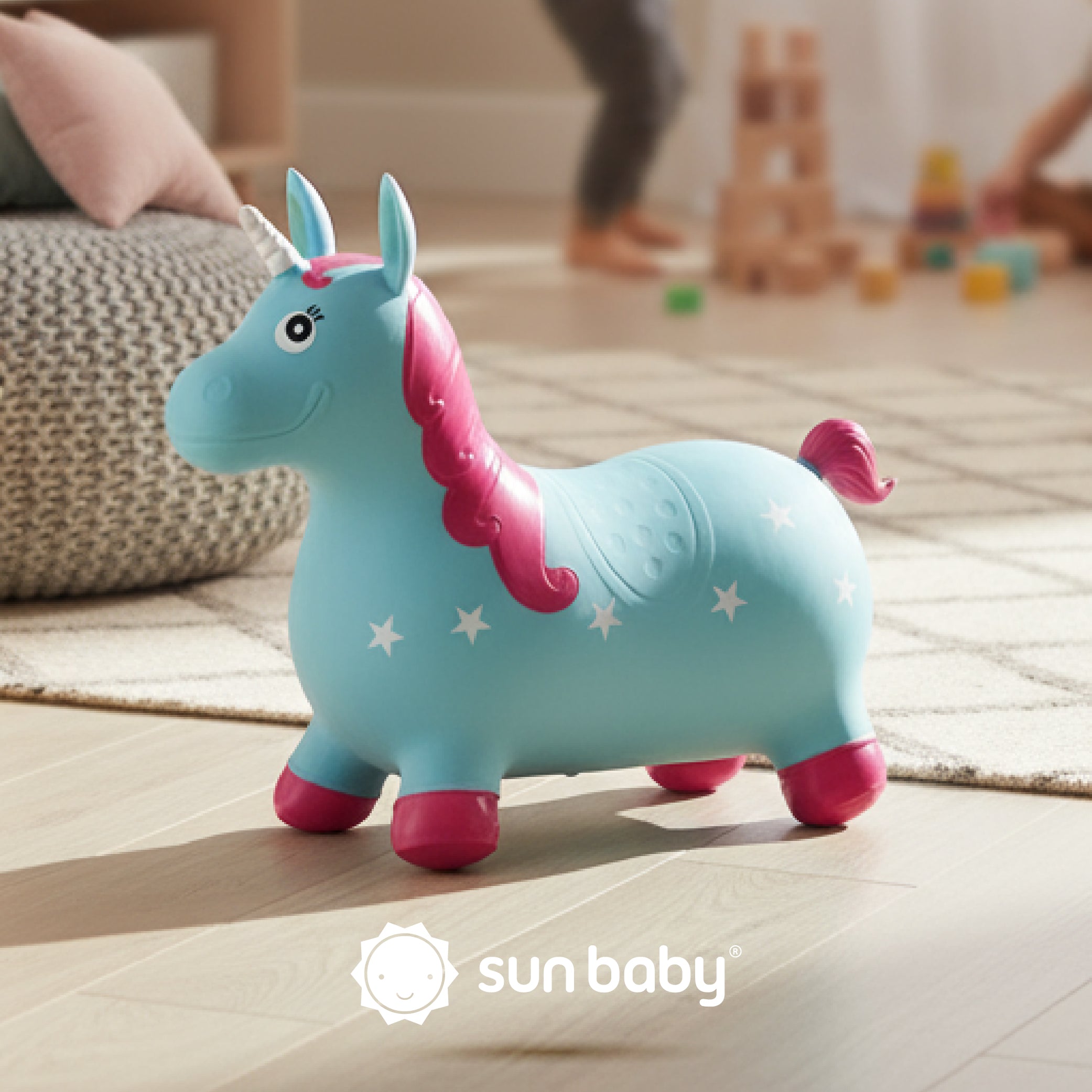 Skoczek dla dzieci do skakania z pompką Jednorożec niebiesko różowy
