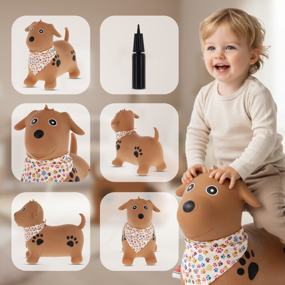 Skoczek dla dzieci do skakania z pompką PIESEK  brązowy z bandaną