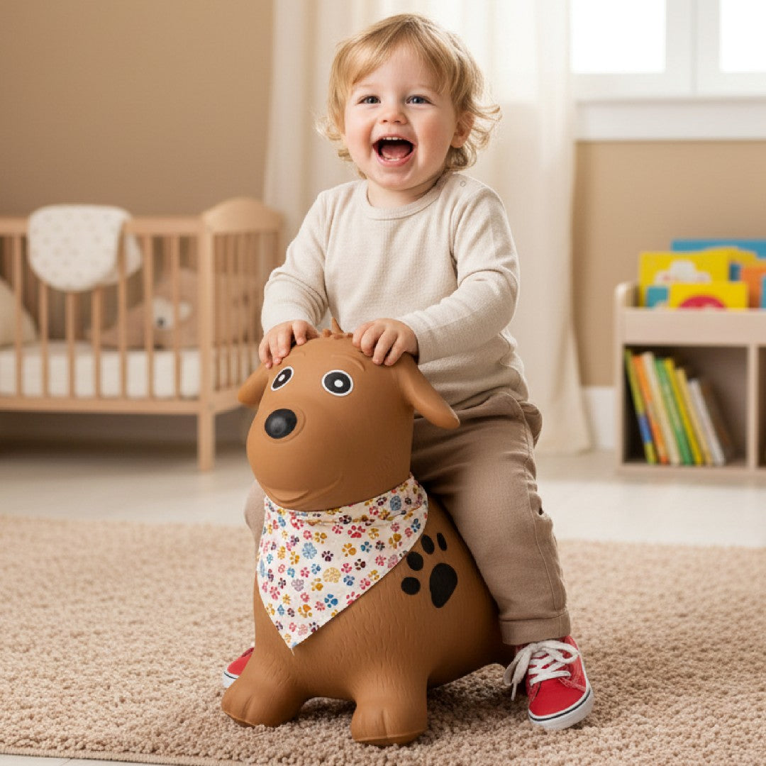 Skoczek dla dzieci do skakania z pompką PIESEK  brązowy z bandaną