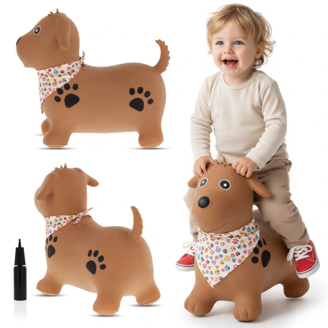 Skoczek dla dzieci do skakania z pompką PIESEK  brązowy z bandaną