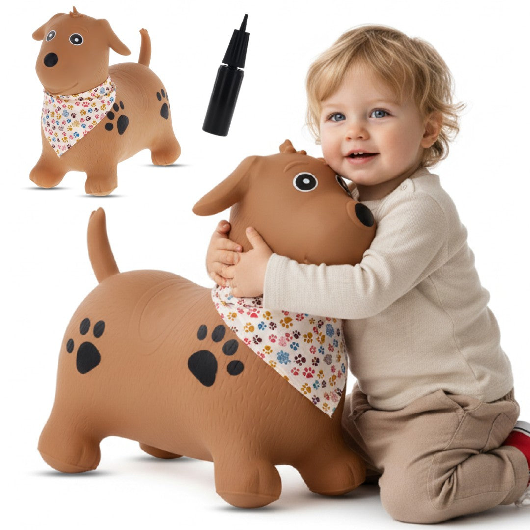 Skoczek dla dzieci do skakania z pompką PIESEK  brązowy z bandaną