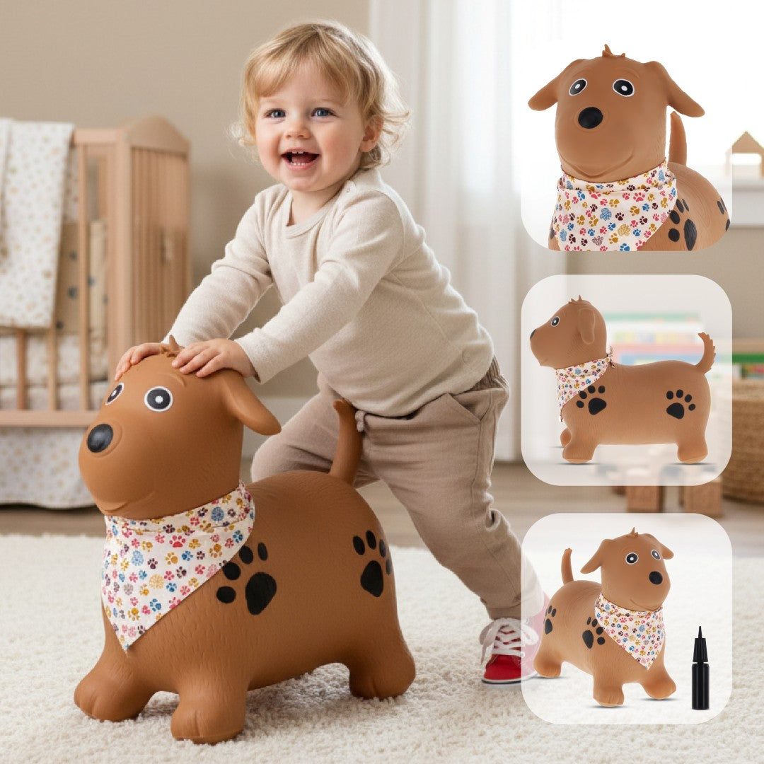 Skoczek dla dzieci do skakania z pompką PIESEK  brązowy z bandaną