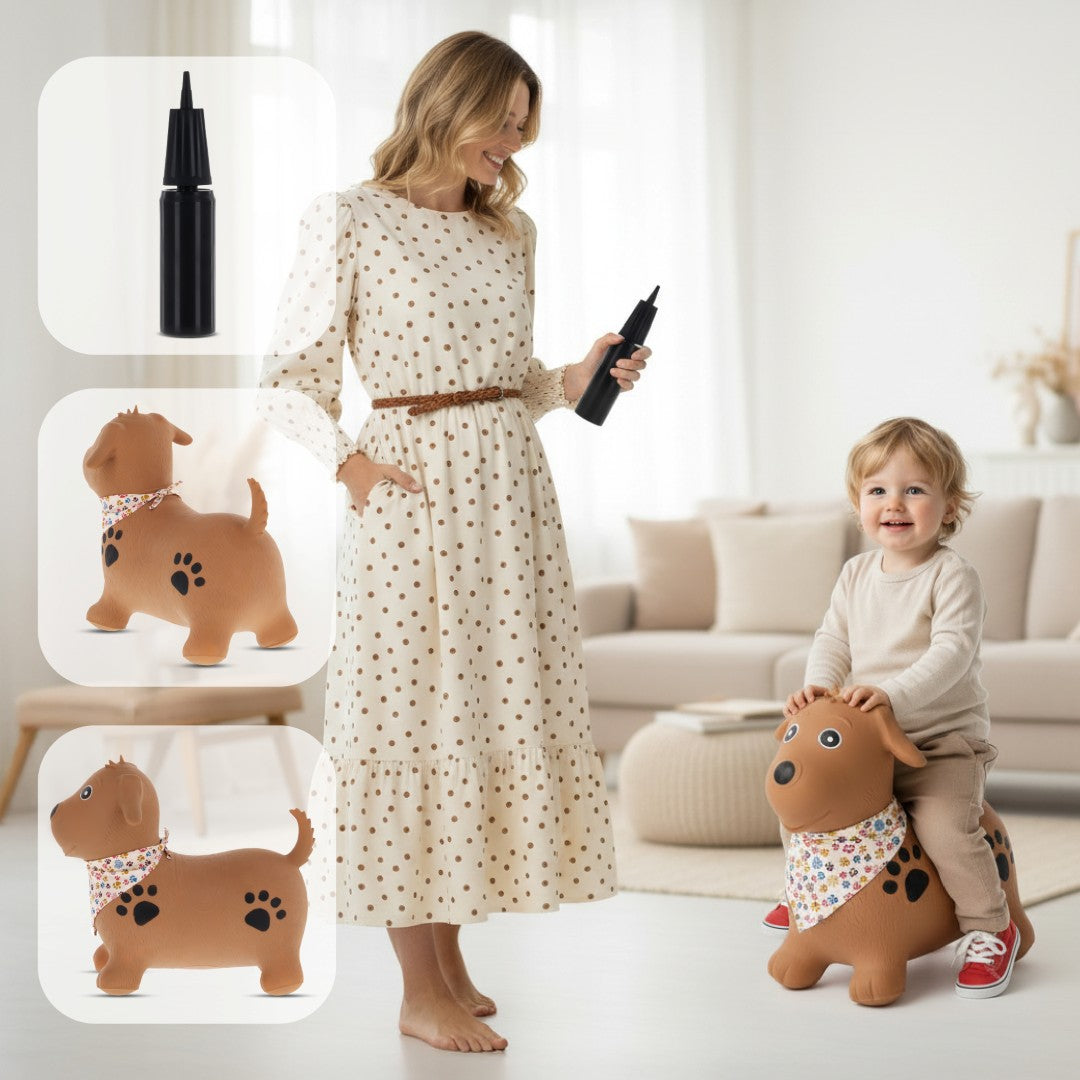 Skoczek dla dzieci do skakania z pompką PIESEK  brązowy z bandaną