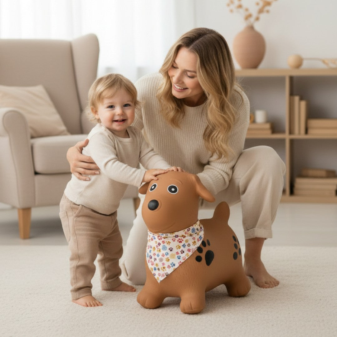 Skoczek dla dzieci do skakania z pompką PIESEK  brązowy z bandaną