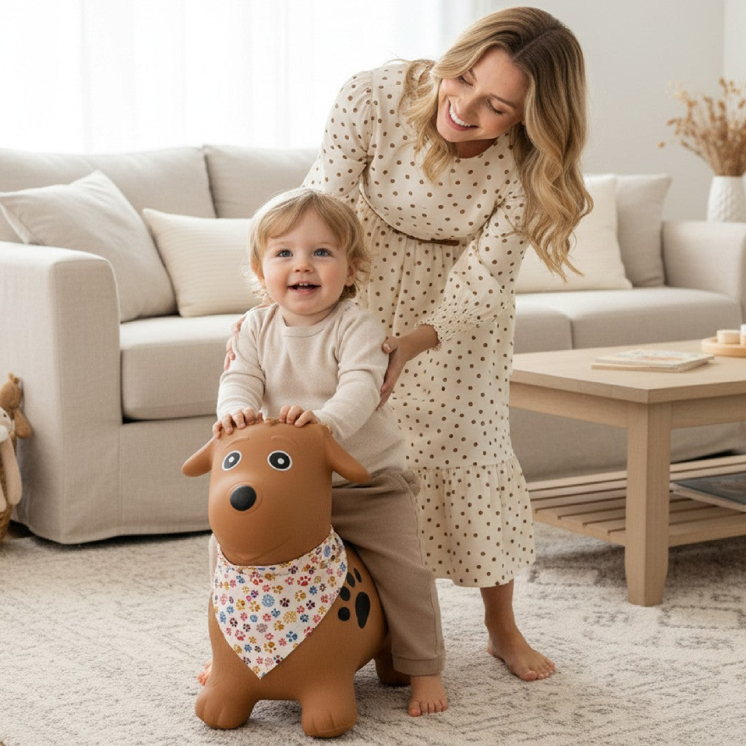 Skoczek dla dzieci do skakania z pompką PIESEK  brązowy z bandaną