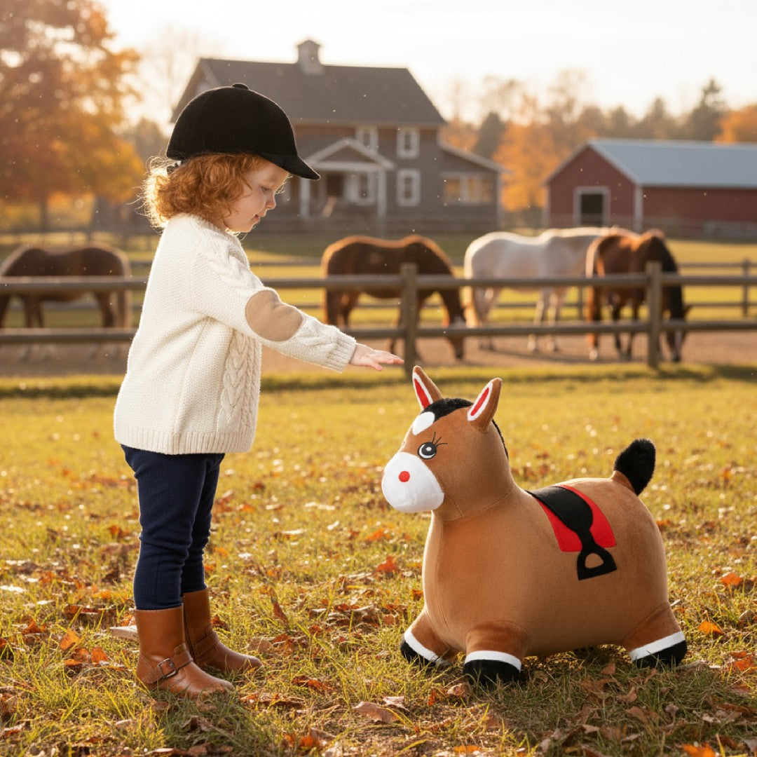 Skoczek pluszowy dla dzieci do skakania Konik brązowy z pompką