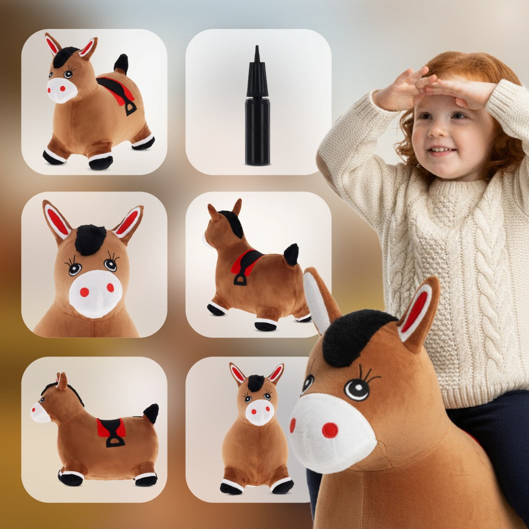 Skoczek pluszowy dla dzieci do skakania Konik brązowy z pompką