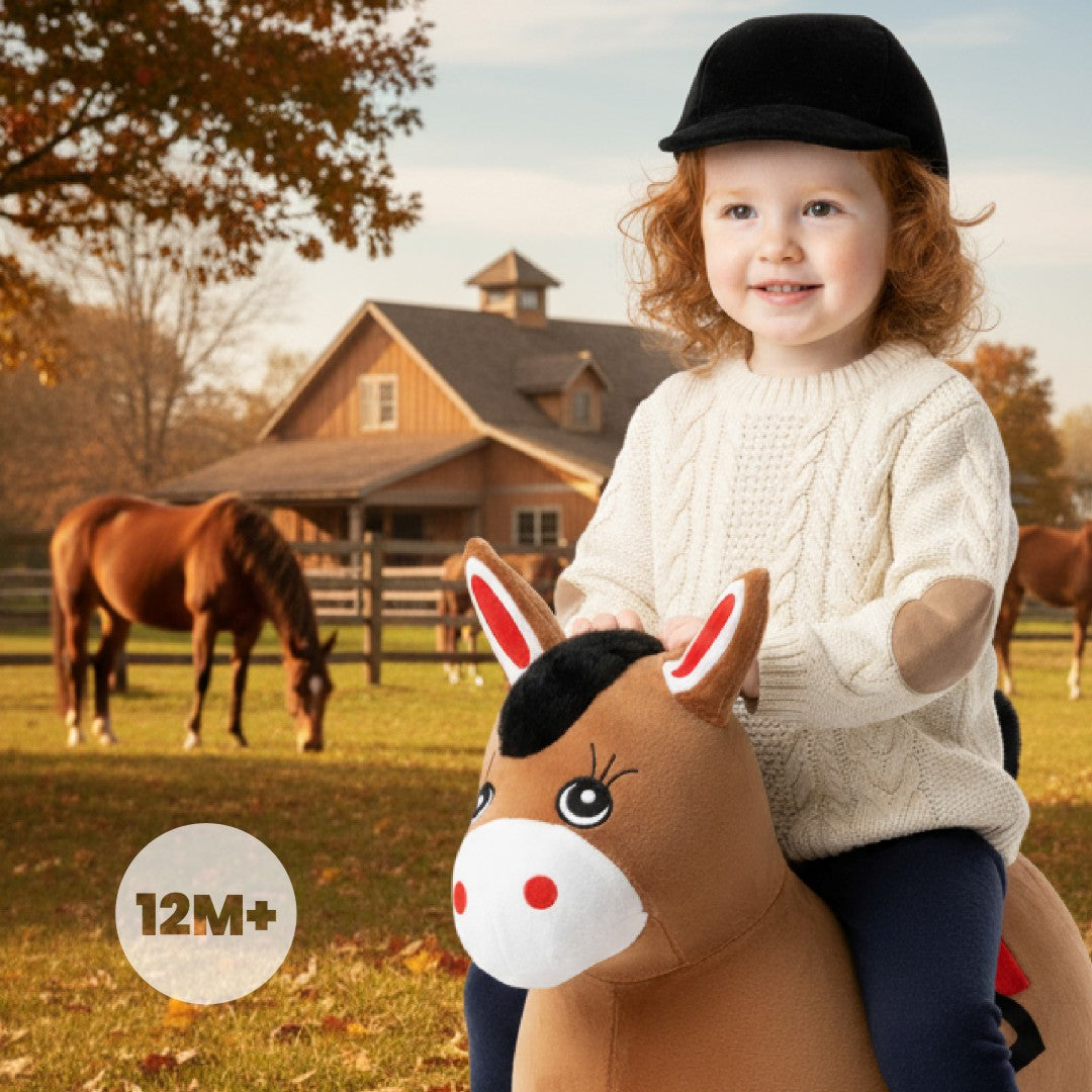 Skoczek pluszowy dla dzieci do skakania Konik brązowy z pompką