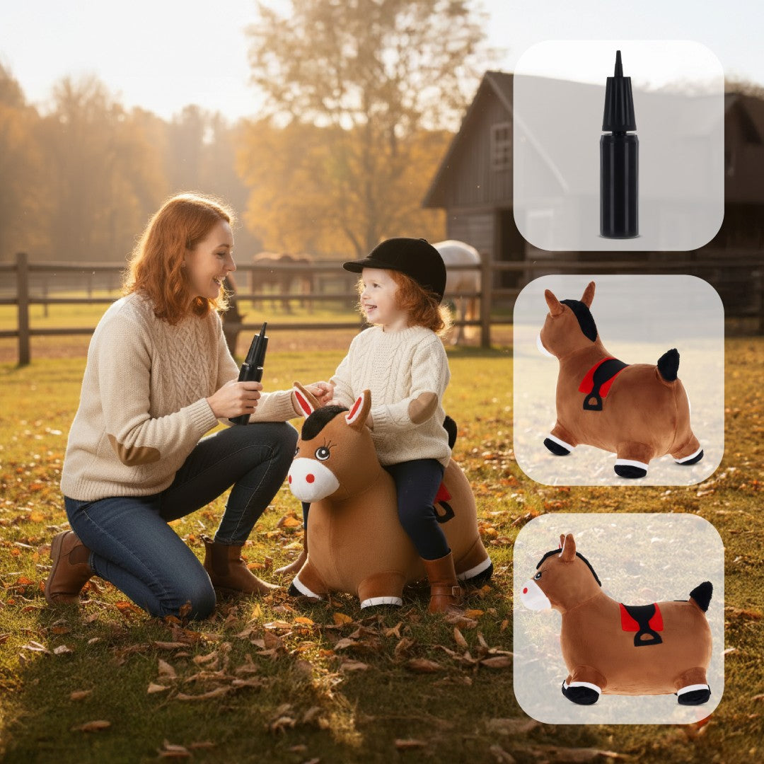 Skoczek pluszowy dla dzieci do skakania Konik brązowy z pompką