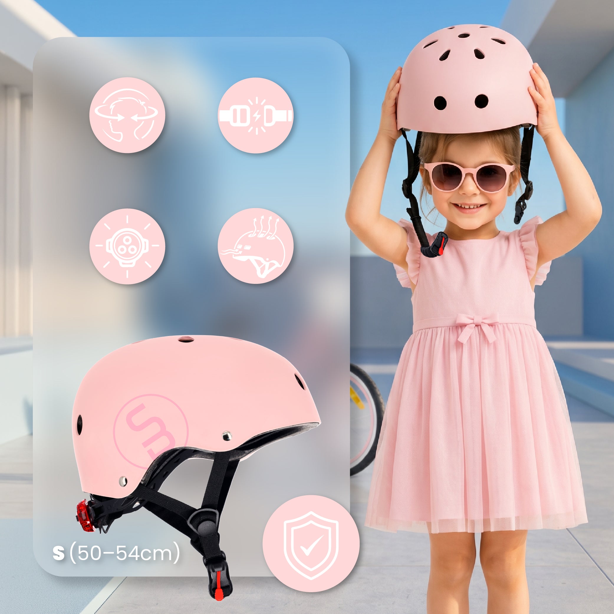 Kask rowerowy dla dzieci PERFECT FIT S 50-54 cm LEKKI lampka LED klipsy magnetyczne różowy