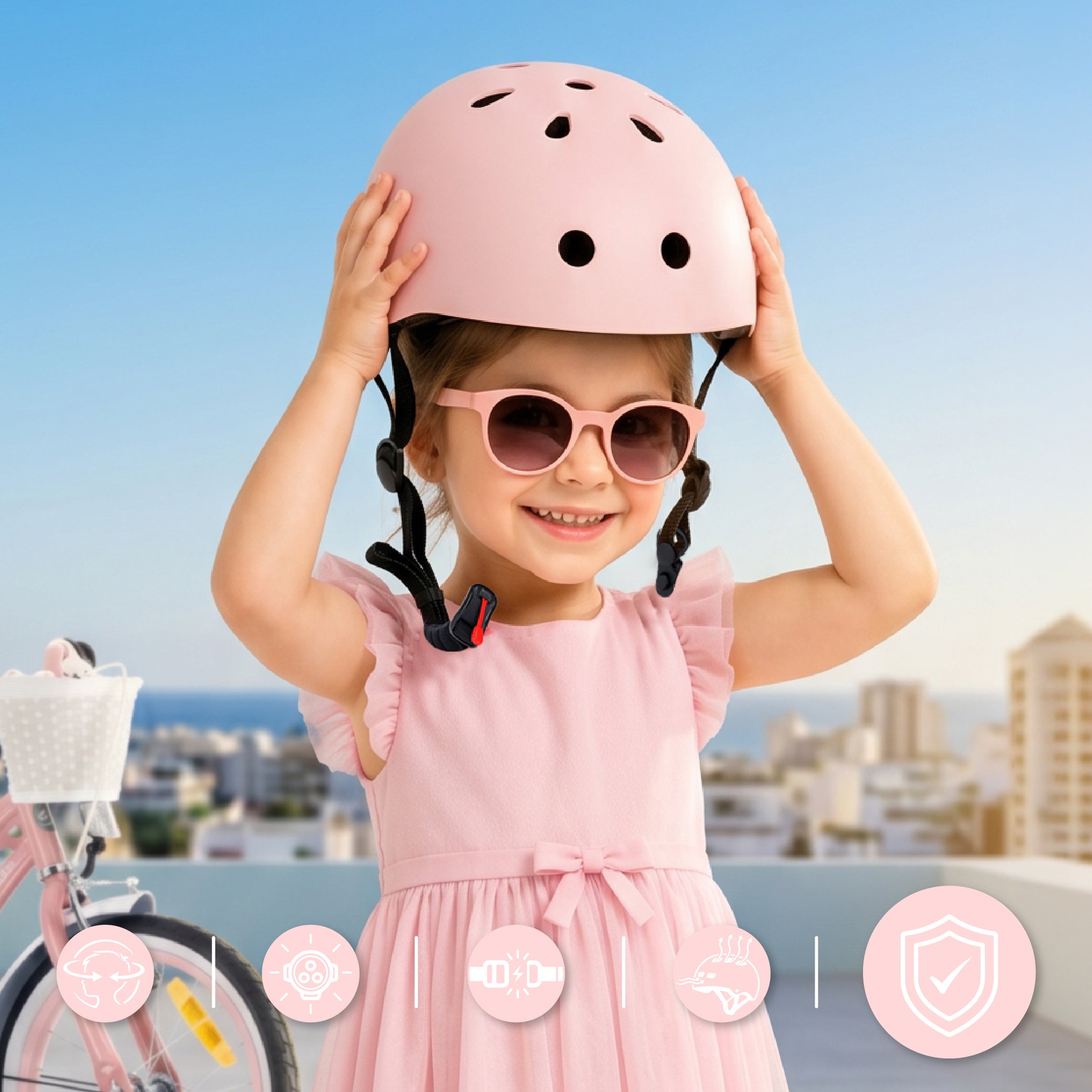 Kask rowerowy dla dzieci PERFECT FIT S 50-54 cm LEKKI lampka LED klipsy magnetyczne różowy
