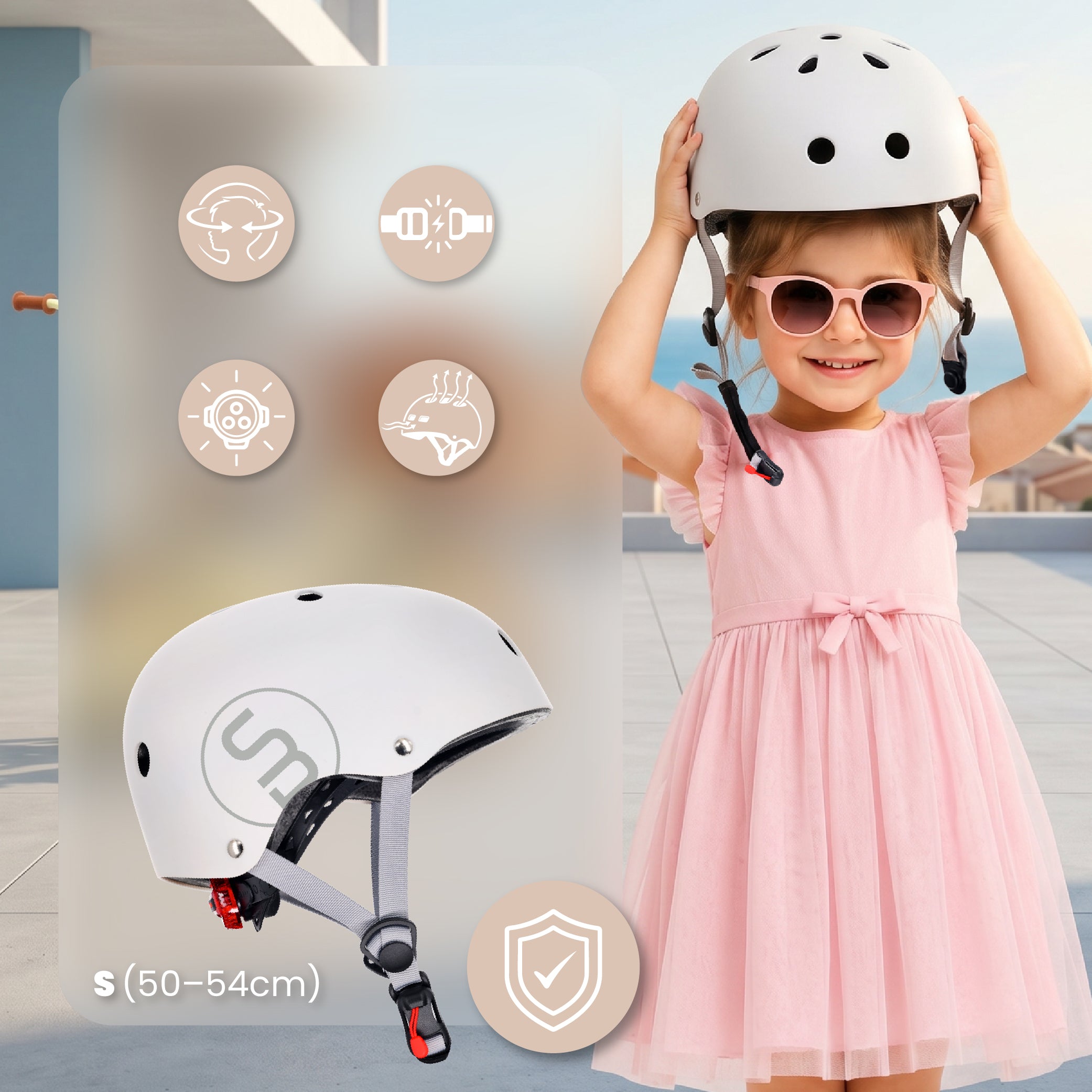 Kask rowerowy dla dzieci PERFECT FIT S 50-54 cm LEKKI lampka LED klipsy magnetyczne biały